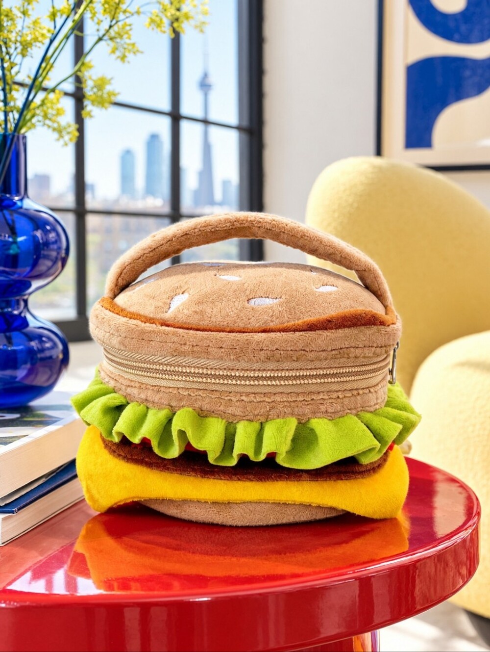 Plush Cheeseburger Hamburger Novelty Purse Top Handle Zipper Bag